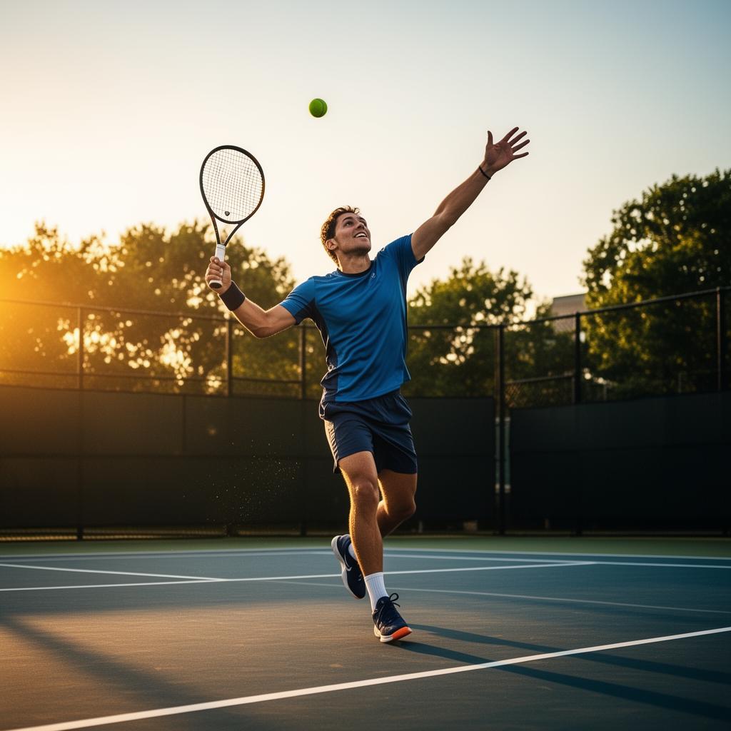 Tennis player serving at golden hour