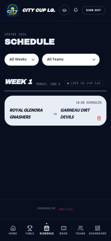 City Cup schedule screen showing weekly fixtures