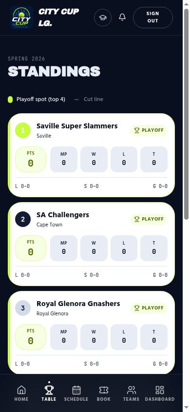 City Cup standings table with live points and playoff spots